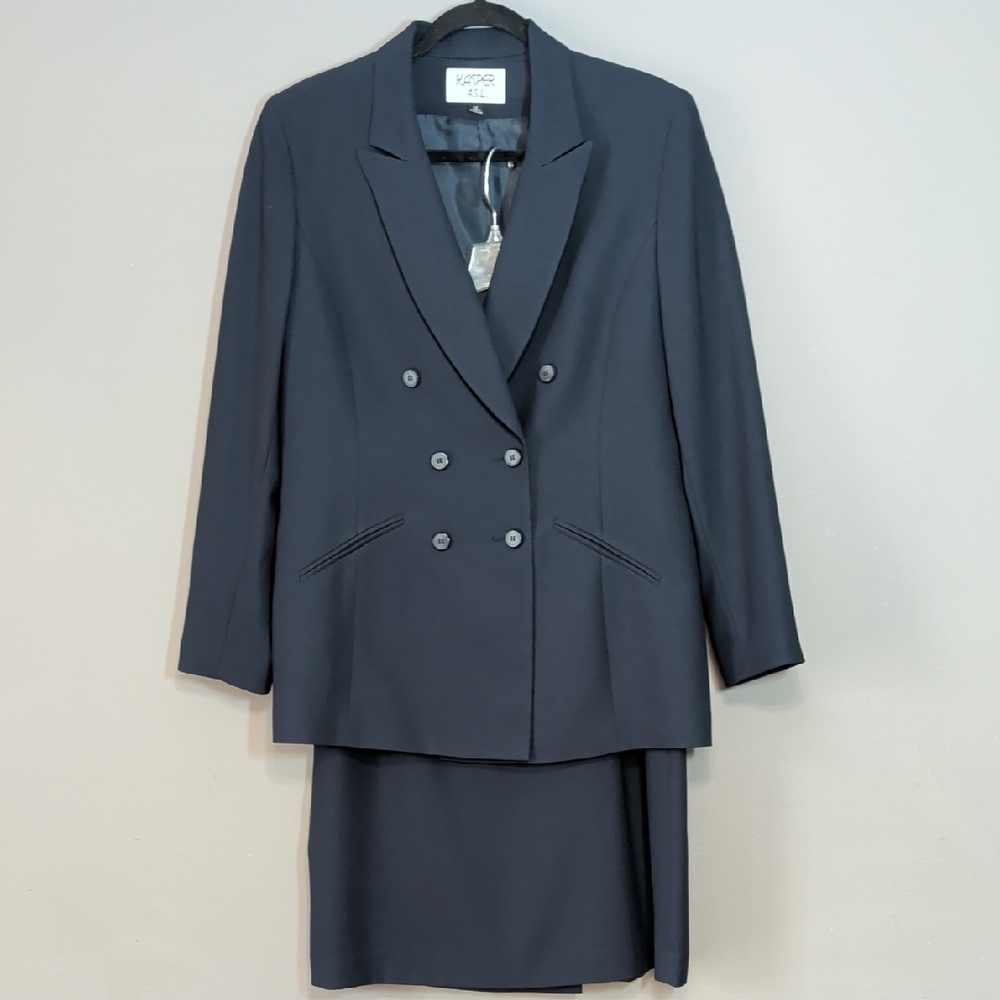 Vintage Kasper Skirt Blazer Suit Set Size 12 Navy Blue